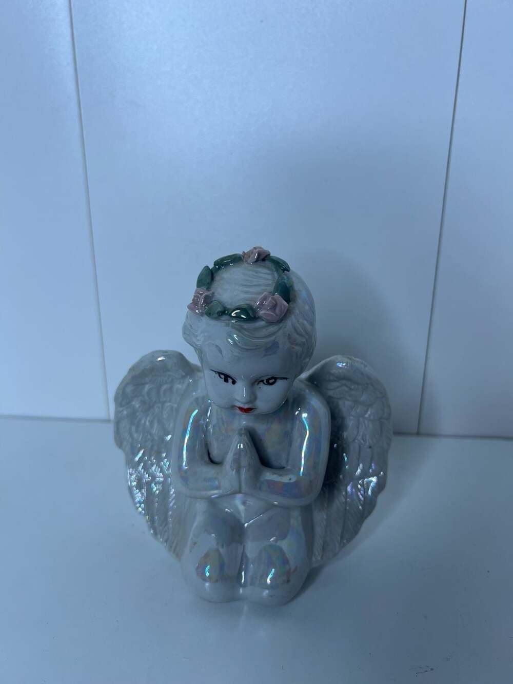 Vintage Iridescent Kneeling Praying Cherub Angel Figurine with Floral Crown